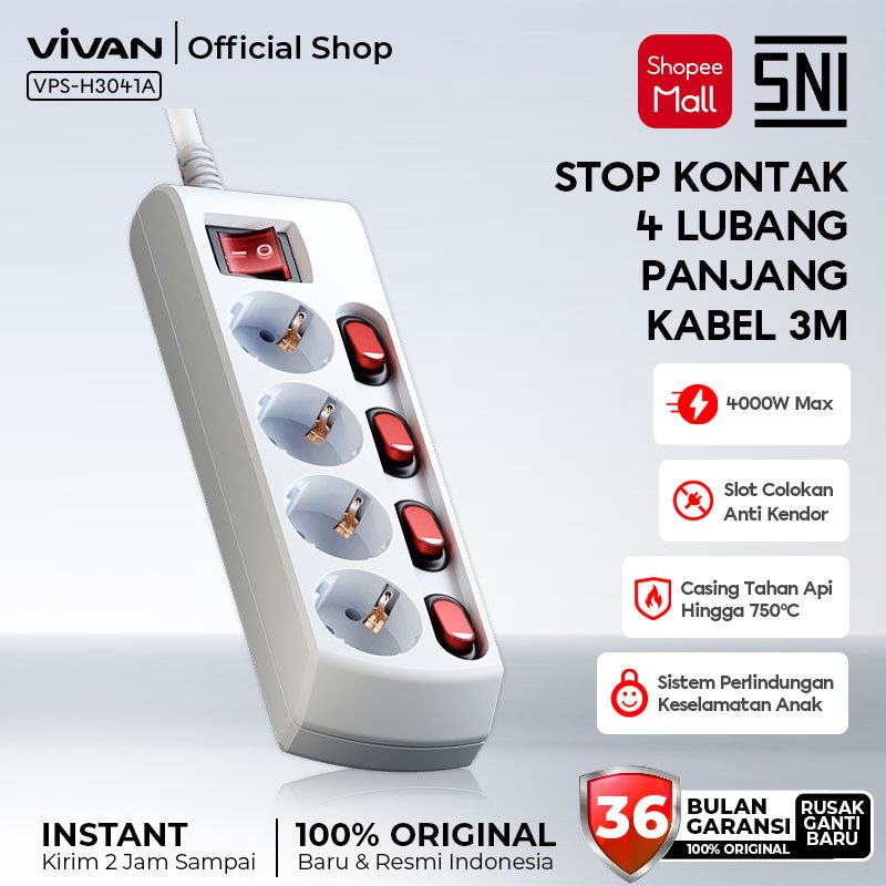 Jual [NEW] VIVAN Safety Socket 4000W Tahan Api Stop Kontak 3M VPS ...