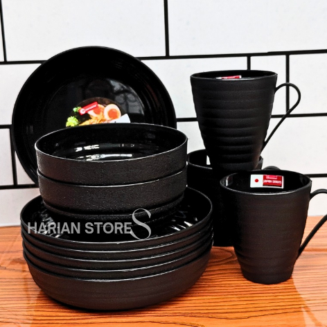 piring set mangkuk ramen hitam plastik dop isi 6 pcs campur 3 piring 3 mangkuk ulir ramen