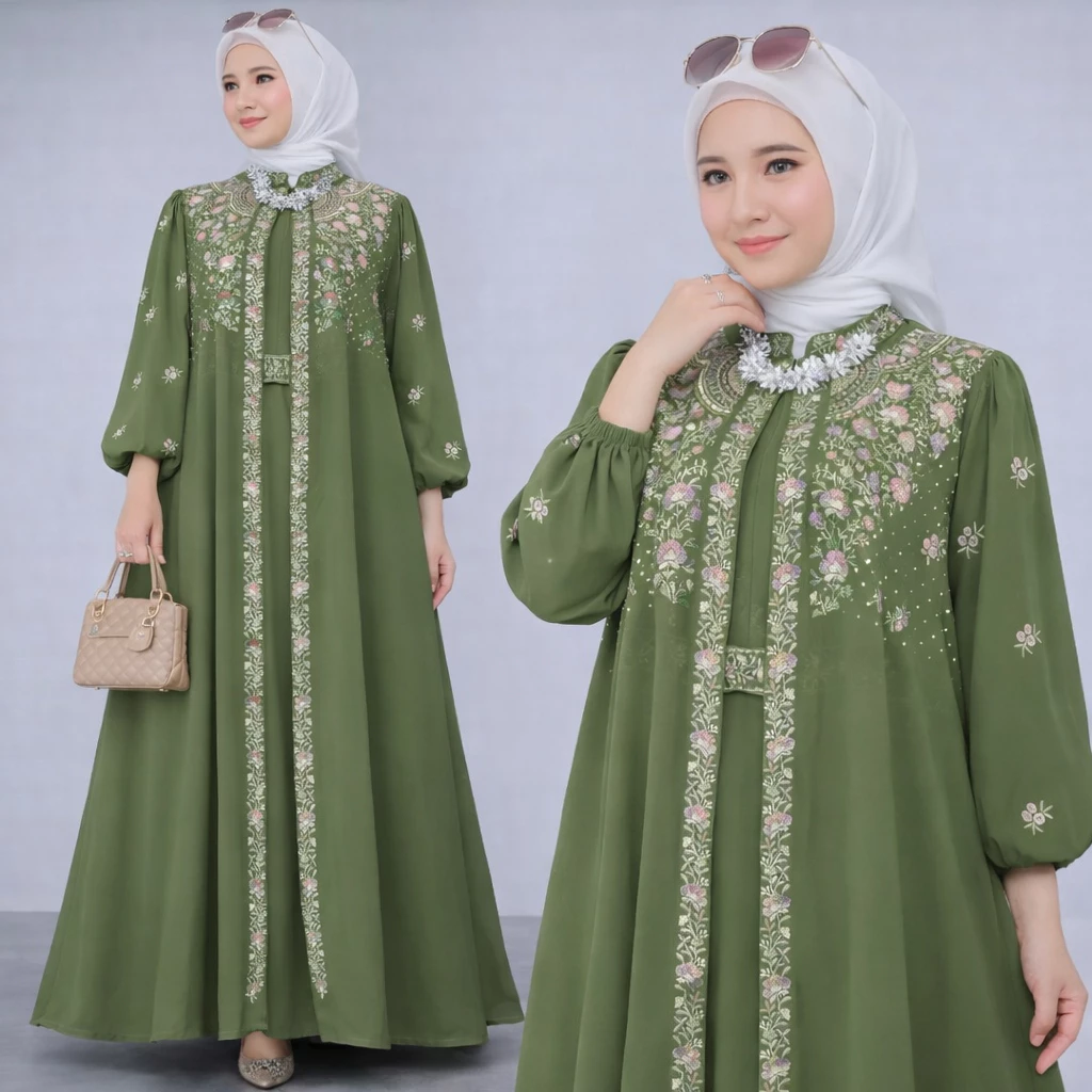 Gamis Muslim Wanita Ceruty Babydoll Mix Bordir Lebaran Kondangan bahan ceruty nyaman