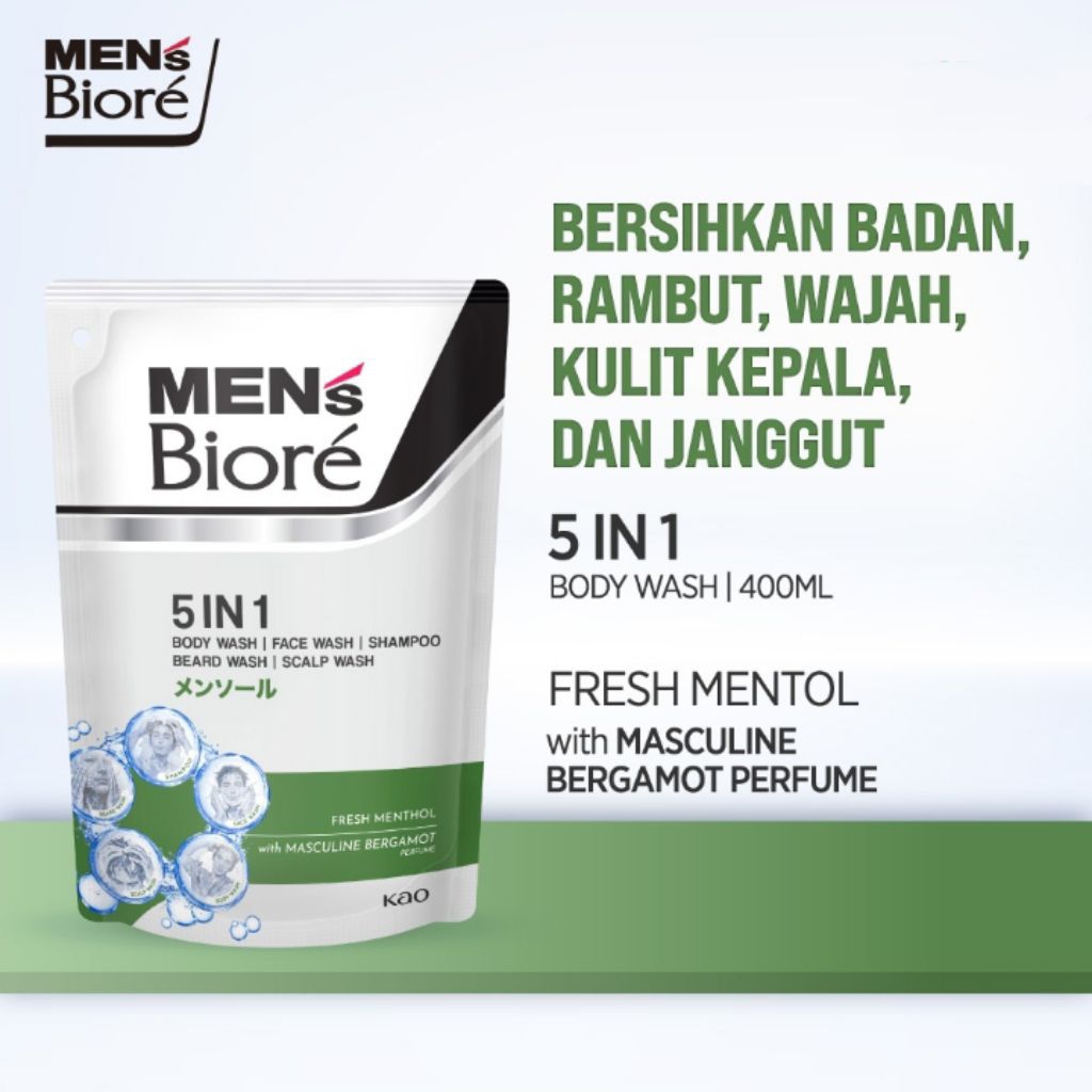 Jual Men's biore 5 in 1 refill pouch shampo & sabun mandi fresh menthol ...