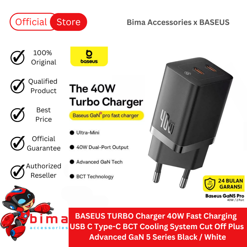 Jual BASEUS TURBO Charger 40W Fast Charging USB C Type-C BCT Cooling ...