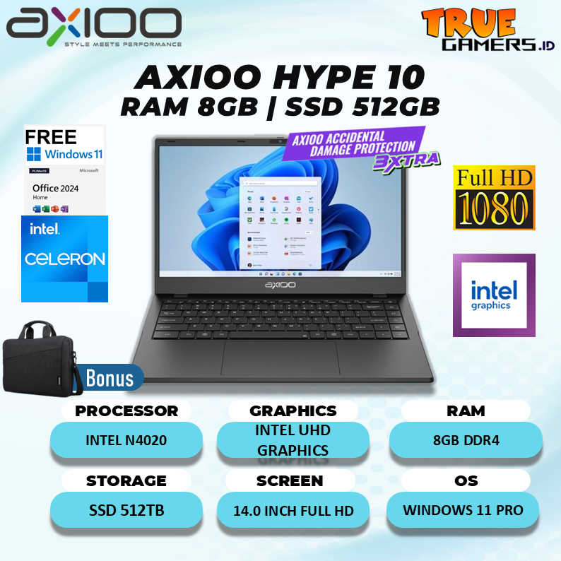 LAPTOP AXIOO HYPE 10 N4020 8GB 512GB SSD / CINTA PRODUK INDONESIA
