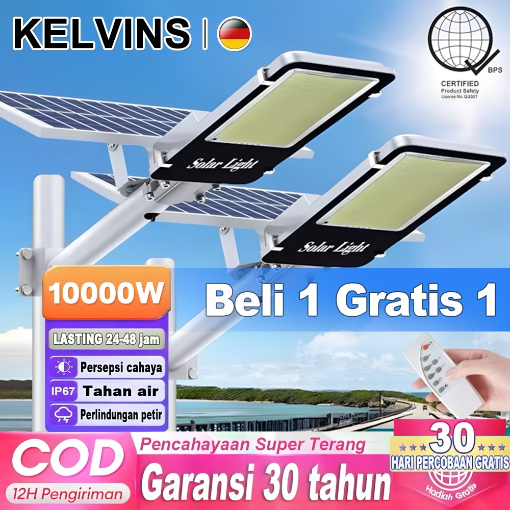 (Beli 1 Gatis 1) KELVINS Lampu tenaga surya 10000W Lampu Jalan Tenaga Surya  lampu solar cell lampu outdoor IP67 Tahan air LED Lampu sorot Emergency Super terang tahan lama 24H Lampu tenaga matahari