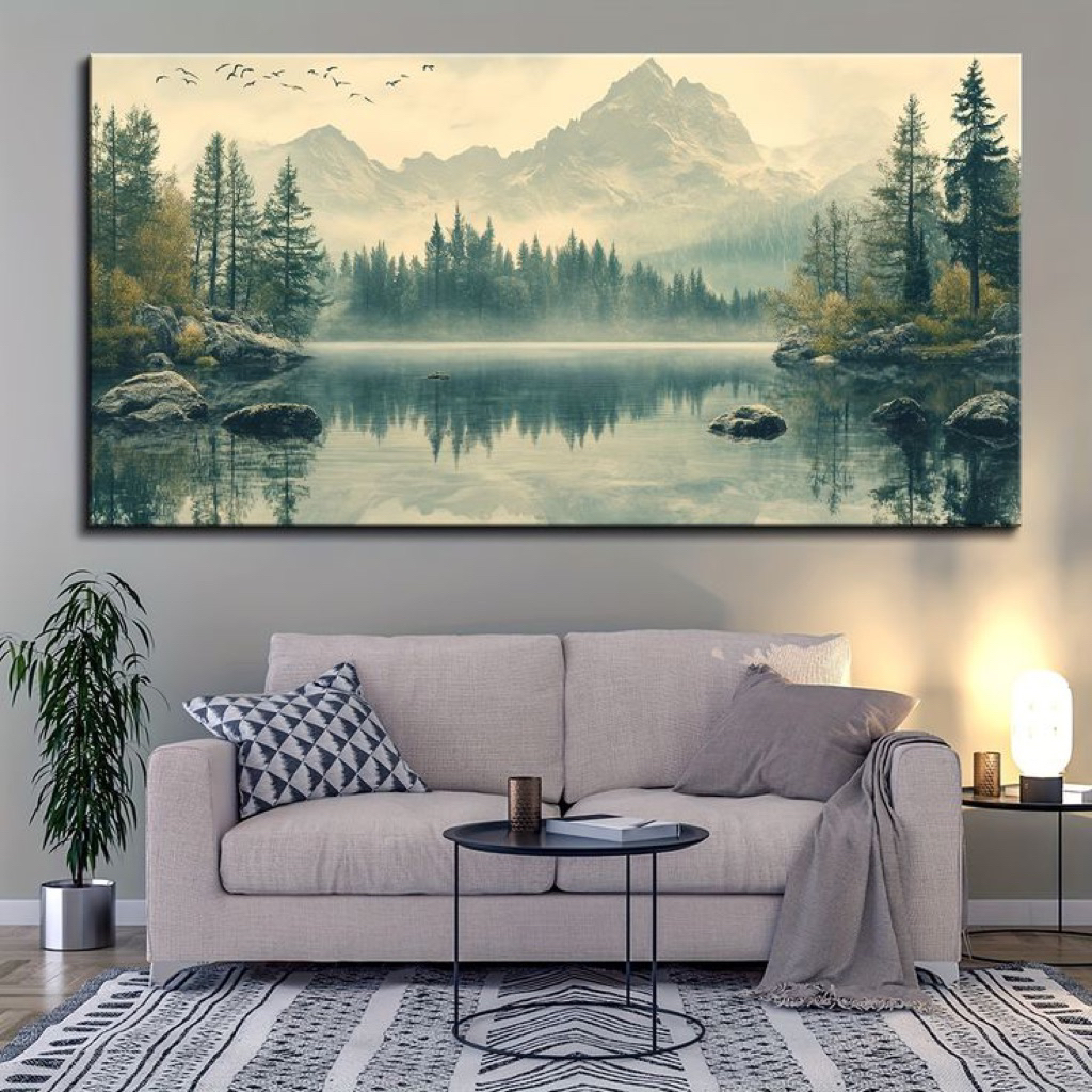 Lukisan dinding abstrak tekstur minimalis modern motif pemandangan gunung dan sungai - hiasan rumah