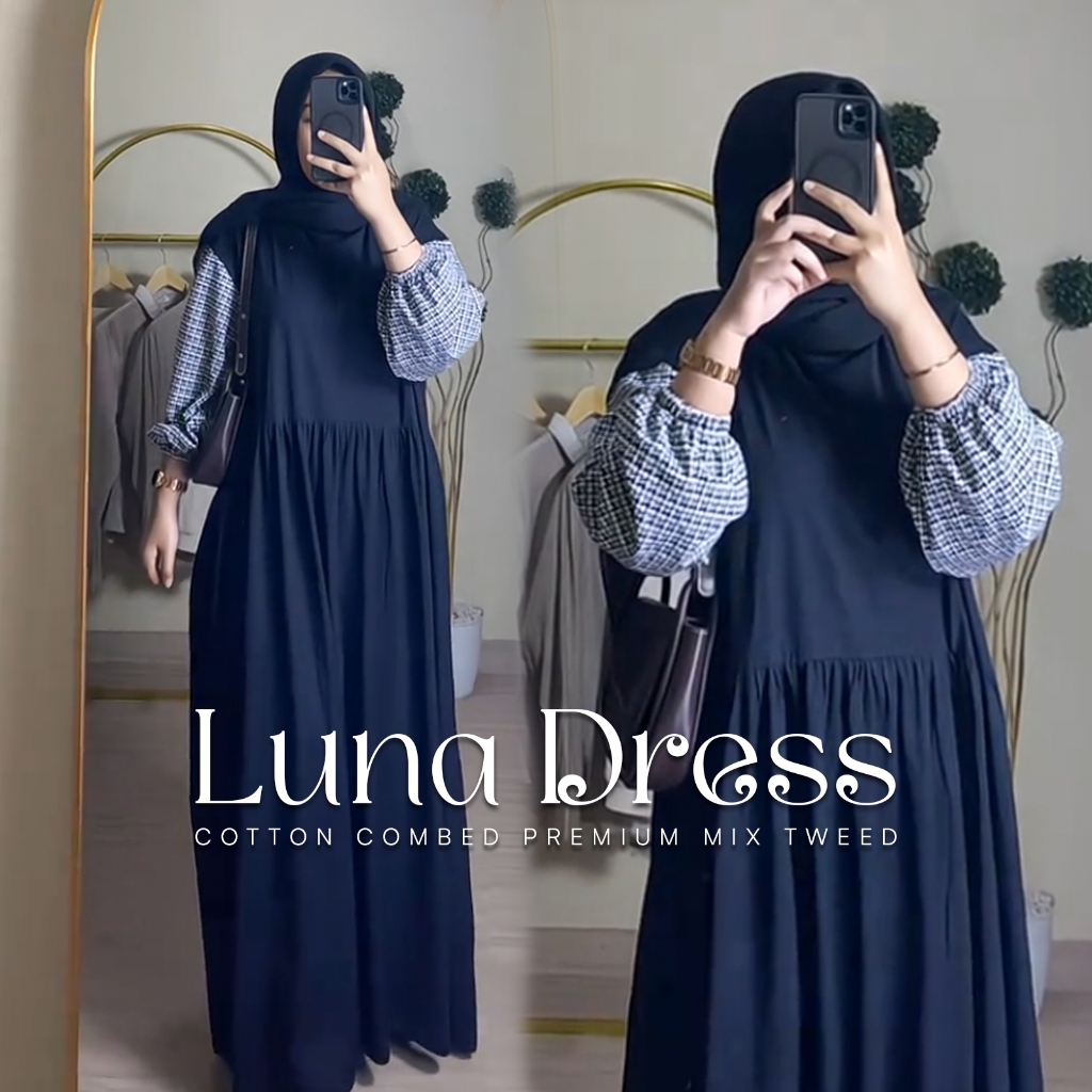 Luna Dress Kombinasi Kaos Katun Combed Polos Kekinian Gamis Lebaran Hari Raya Terbaru By Deloza