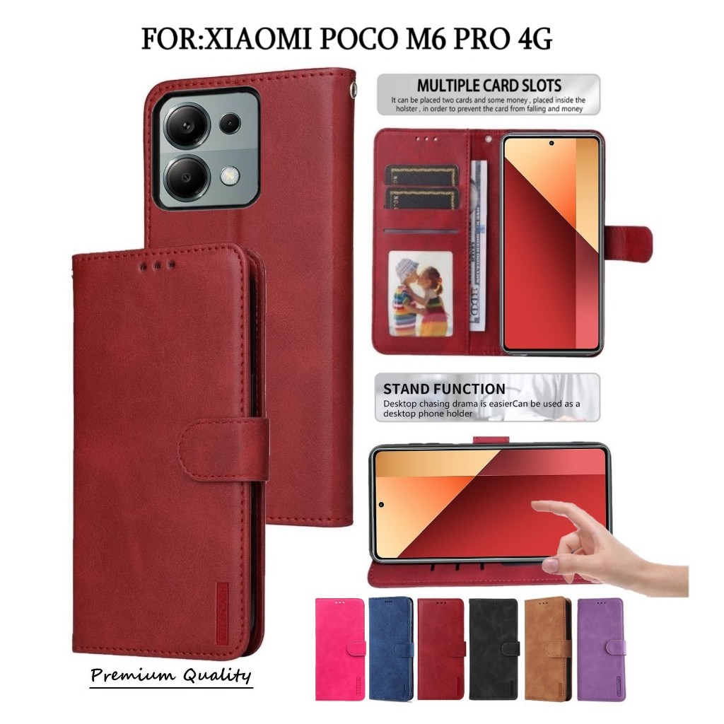 CASEE 013 Series For Xiaoi Redi Note 13 Pro 4G / Poco 6 Pro 4G Leather Case Card Holder Phone Cover - Red