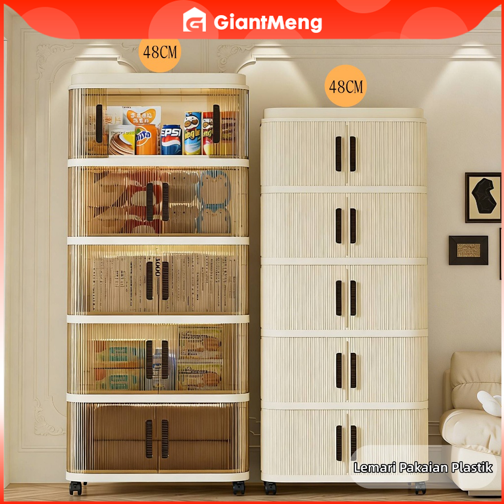 GiantMeng-Lemari Plastik Lipat 5 Tingkat Dengan Pintu Transparan - Lemari Pakaian Cream Style
