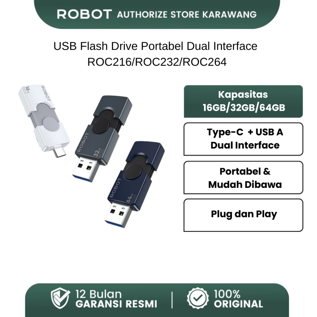 Jual ROBOT USB Flash Drive 16GB/32GB/64GB ROC216/ROC232/ROC264 Dual ...
