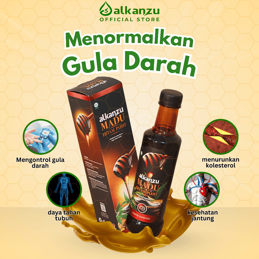 Madu Hitam Pahit Alkanzu 470gr – BPOM & Halal | Untuk Diabetes, Hipertensi & Jantung Sehat