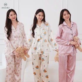 NOIRI Piyama Wanita Blue Bear Bunny Coquette Satin Premium Baju Tidur Lengan Panjang Elegan