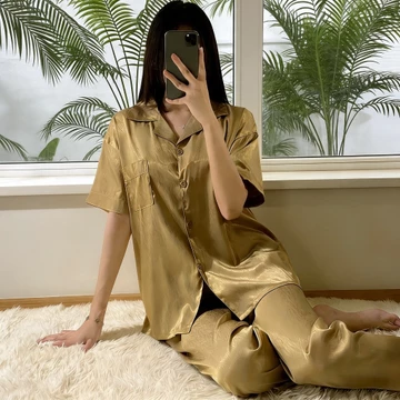 Setelan Satin Wanita Lengan Pendek Celana Panjang Korea Premium Piyama Cardigan
