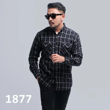 DGM Kemeja Flanel Pria Lengan Panjang Hitam Kotak Navy Garis Kuning Kemeja Pria Flanel Pria