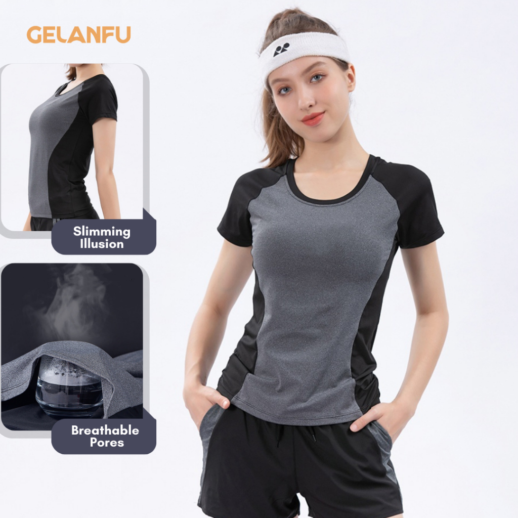 Kaos Baju Olahraga Fitness Basket Badminton Running Sportwear Cewek Wanita Black Yoga Pilates