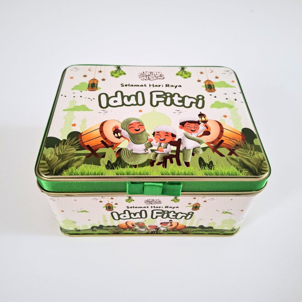 KALENG KOTAK LEBARAN / IDUL FITRI SOUVENIR HAMPERS - WHITE MANDALA GREEN LEAVES CUTE HAPUNNI