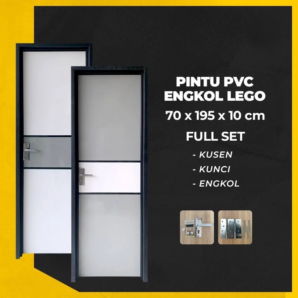 Pintu Kamar Mandi PVC Bahan Tebal Lego List Abu Putih Dengan Handle Kunci Engkol Panel Kombinasi Warna Abu Putih Minimalis Modern