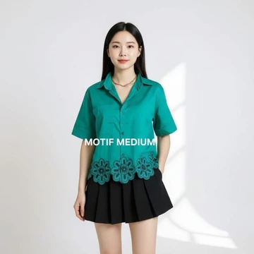 Rina Flower Basic Cotton Blouse Atasan Kemeja Wanita Korean Style Basic Lengan Pendek