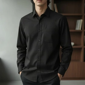 Kemeja Kerja Pria Lengan Panjang Formal Hitam Hem Polos Katun