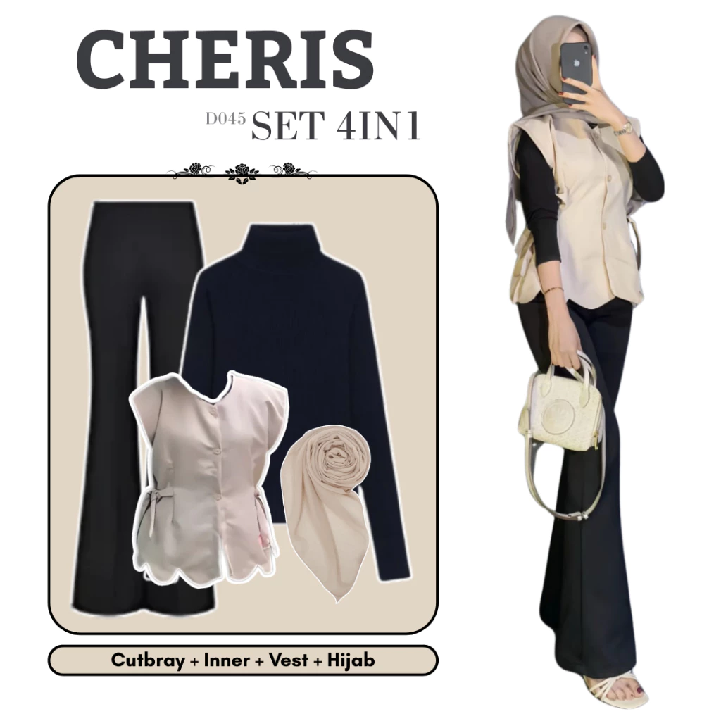 Cherish 4in1 Set Outfit Wanita (Celana Cutbray + Inner + Vest + Hijab) Korean Style Daily Casual - D045