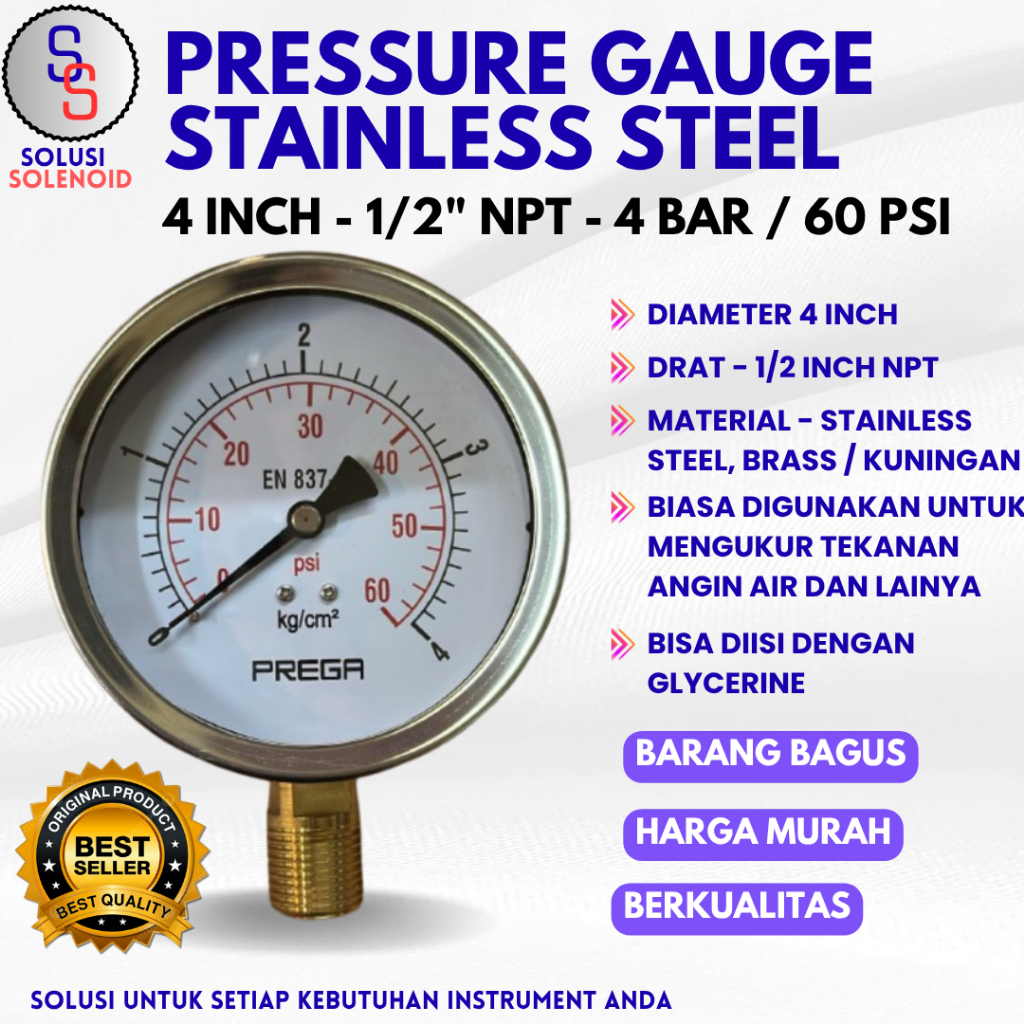 Jual PRESSURE GAUGE 4KG 4 INCHI DRAT 1/2 INCHI NPT STAINLESS STEEL ...
