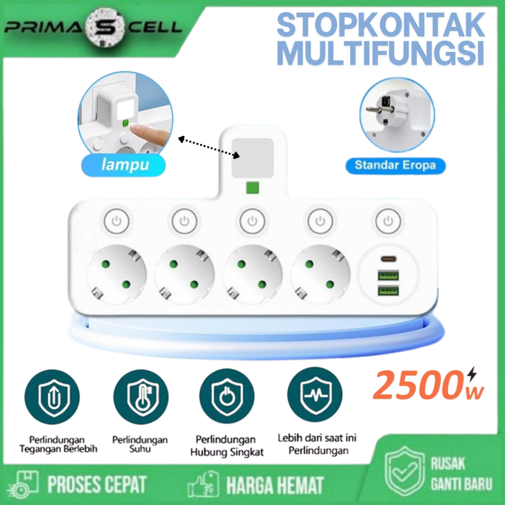 Jual STOPKONTAK MULTIGUNA 5 PORT + USB TYPE C - 2500W TAHAN API STEEKER ...