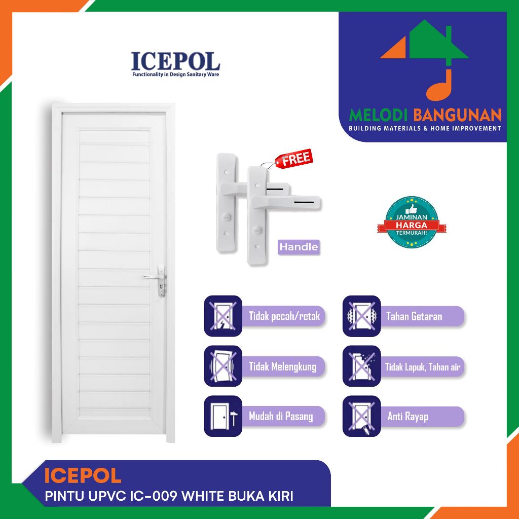 Icepol - Pintu Kamar Mandi Toilet + WC + IC 009 UPVC White Putih 70x200 Handle Kanan Buka Kiri