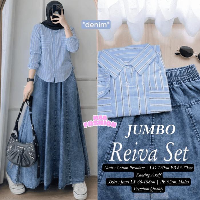 Setelan Rok Jeans Plus Kemeja Set Salur - foto 2