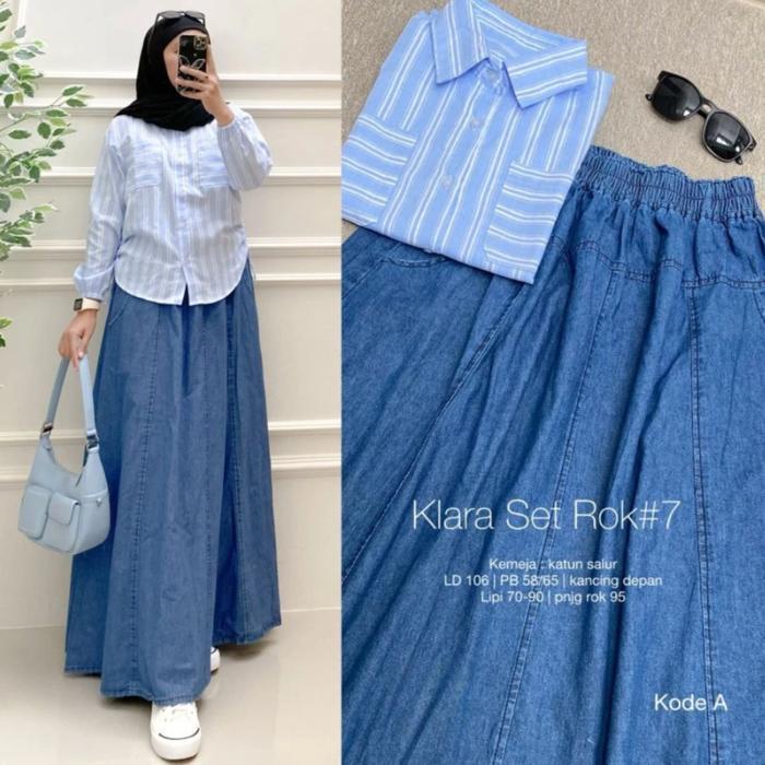 Setelan Rok Jeans Plus Kemeja Set Salur - foto 5