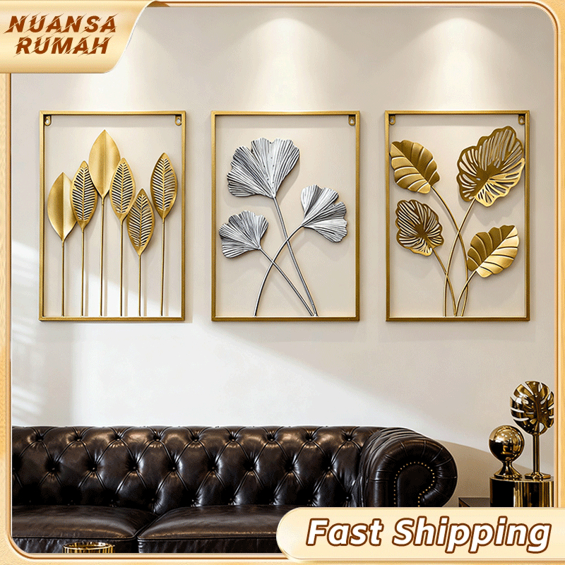 Wall Decor Dinding Besi Sofa Ruang Tamu Kreatif Modern Latar Belakang Dinding/Hiasan Dinding Frame Metal Gold Daun Leaf Ginko