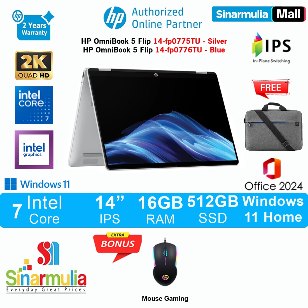 HP OmniBook 5 Flip 14 Core 7 150U 512GB SSD 16GB 2K Touch Win11+OHS - fp0775TU/fp0776TU