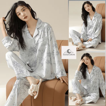 SLEEPY Baju Tidur Lengan Panjang Setelan One Set Wanita Dewasa Motif Marble Paint Elegant Bahan
