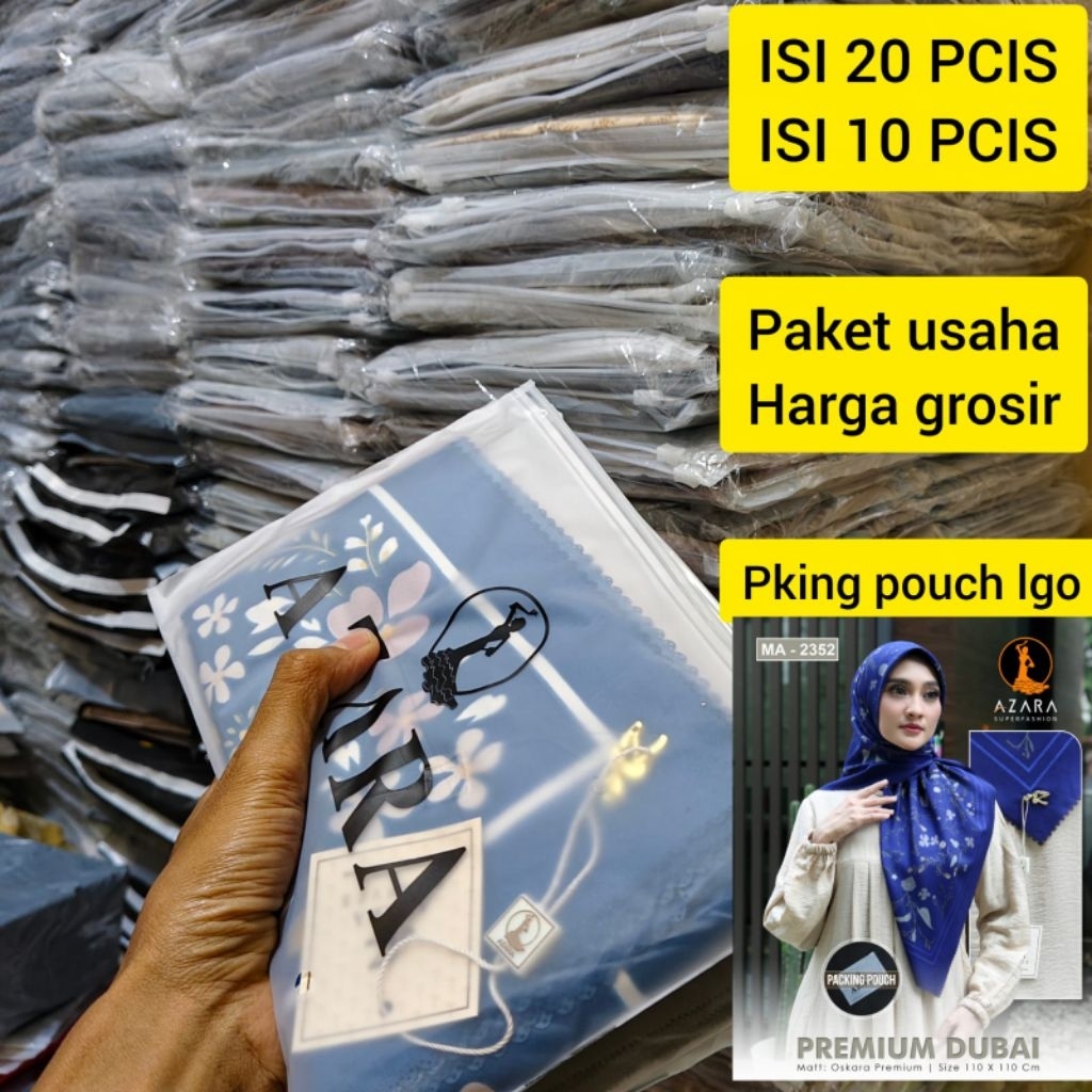 PAKET USAHA ISI 20/10 PCS HIJAB SEGIEMPAT MOTIF AZARA OSAKRA VOAL PREMIUM LC PKING POCUH LGO AZ