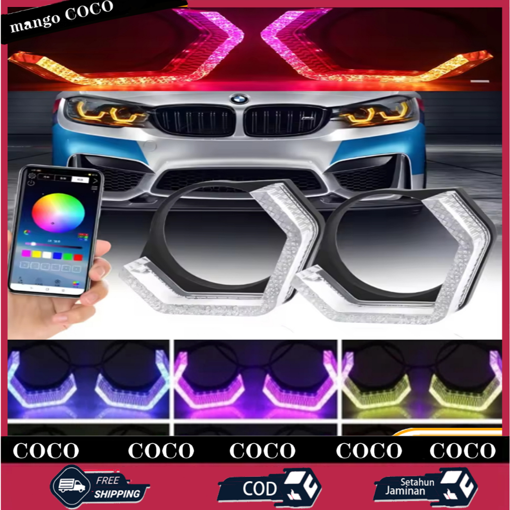 2.5 Inch LED Malaikat Lampu depan Lampu dekoratif mobil BMW, lampu cincin RGB lampu kontrol aplikasi 5D, dengan lampu sinyal belok