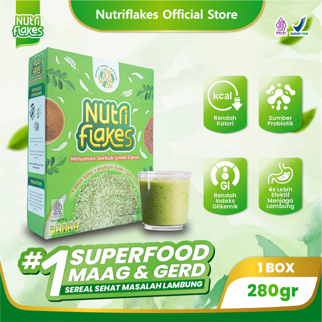 Nutriflakes Sereal Umbi Garut - Solusi Atasi Asam Lambung Maag Kronis Gerd Suplemen Makanan Diet 1 Box Nutriflakes Official