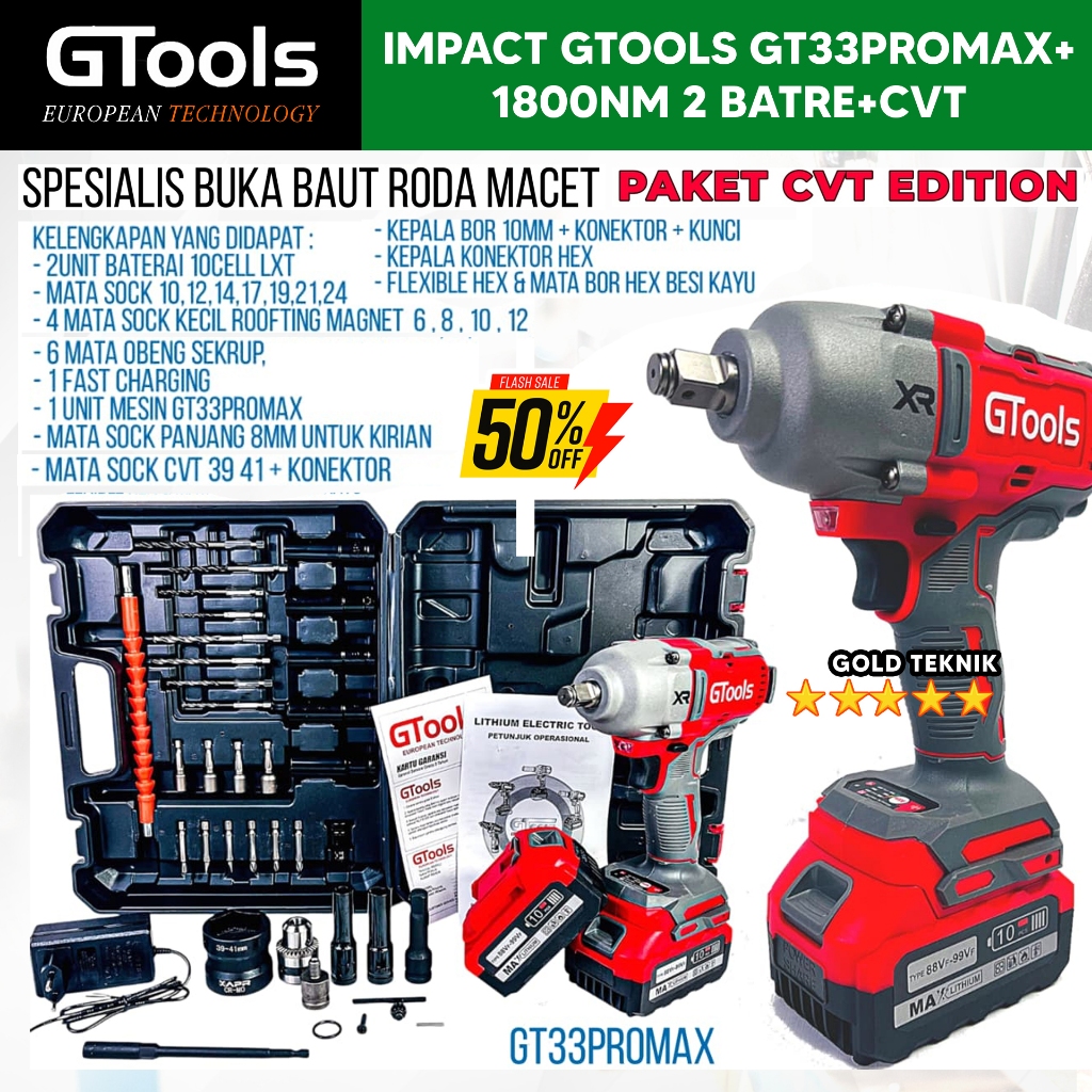 Jual GTools Impact Wrench GT33PROMAX CVT 1800NM pembuka baut roda ban ...