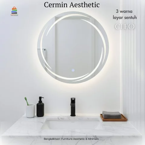 Cermin LED Sanblast Touchscreen Cleo Bulat Dinding Kaca Cermin Lampu Aesthetic Cermin Kamar Mandi