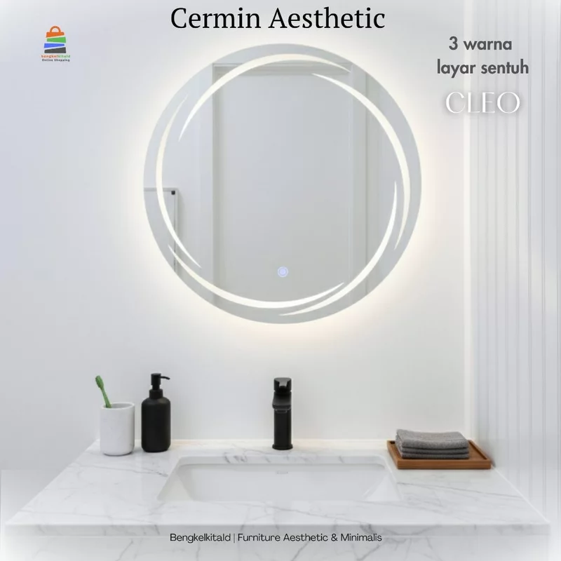Cermin LED Sanblast Touchscreen Cleo Bulat Dinding Kaca Cermin Lampu Aesthetic Cermin Kamar Mandi