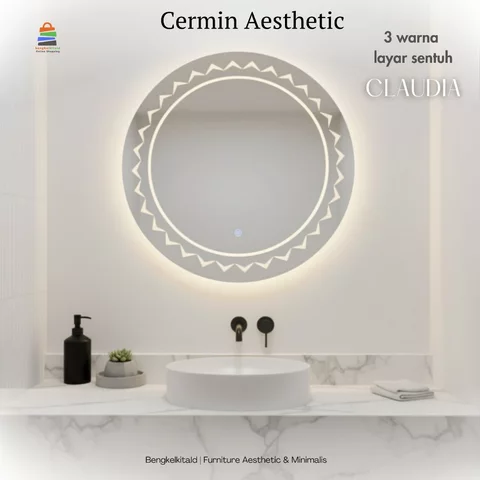 Cermin LED Sanblast Touchscreen Claudia Bulat Dinding Kaca Cermin Lampu Aesthetic Cermin Kamar Mandi