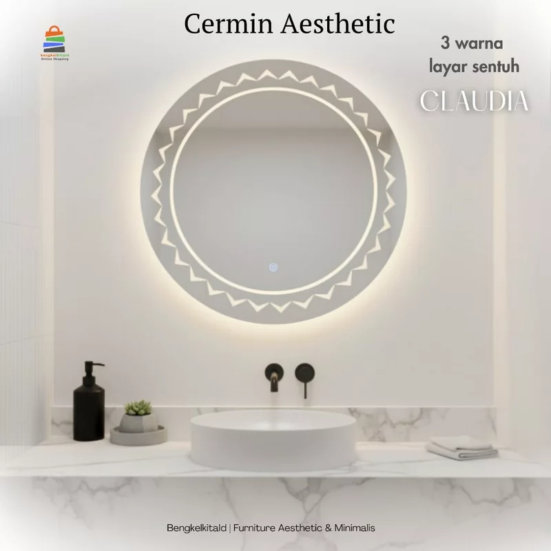 Cermin LED Sanblast Touchscreen Claudia Bulat Dinding Kaca Cermin Lampu Aesthetic Cermin Kamar Mandi