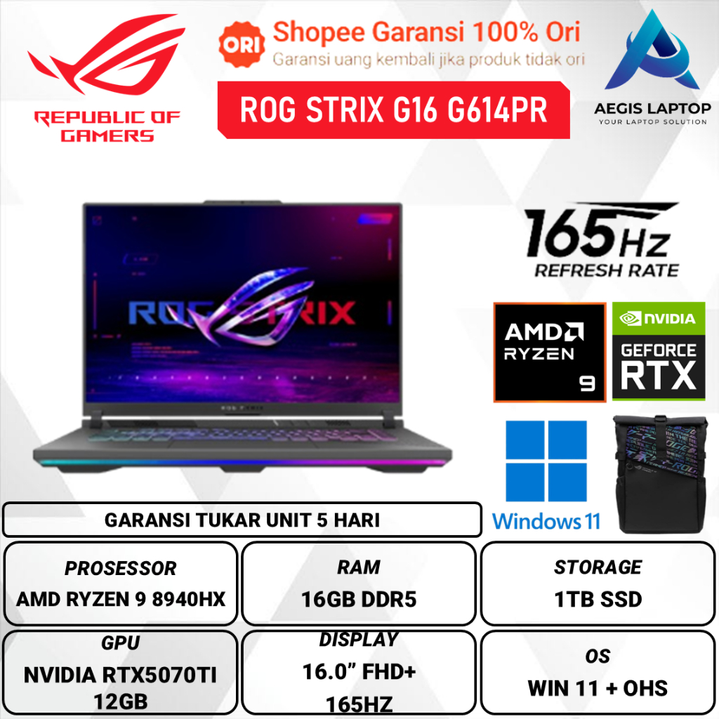Jual Asus Rog Strix G16 G614PR Ryzen 9 8940HX RTX5070TI 12Gb/ RAM 16Gb ...