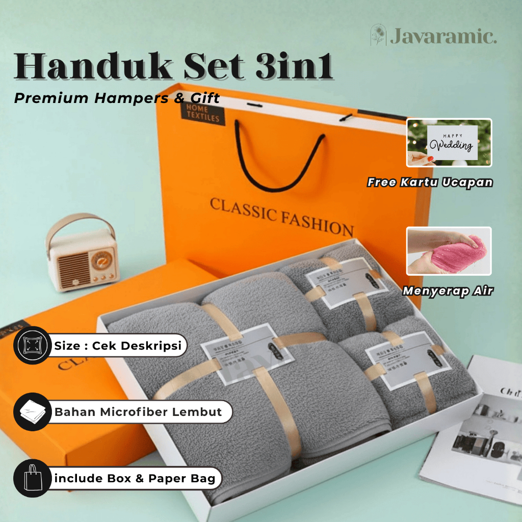 Javaramic Handuk Mandi Wajah Premium 3in1 Microfiber Hadiah Souvenir Pernikahan Hampers Kado Mewah