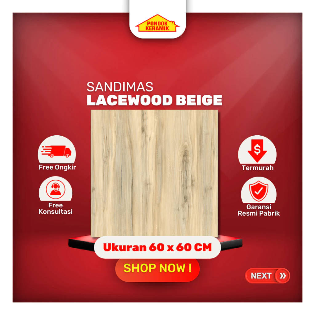 Granit Lanti Sandimas 60x60Lacewood Beige Glossy Motif Serat Kayu Kilap Warna Beige