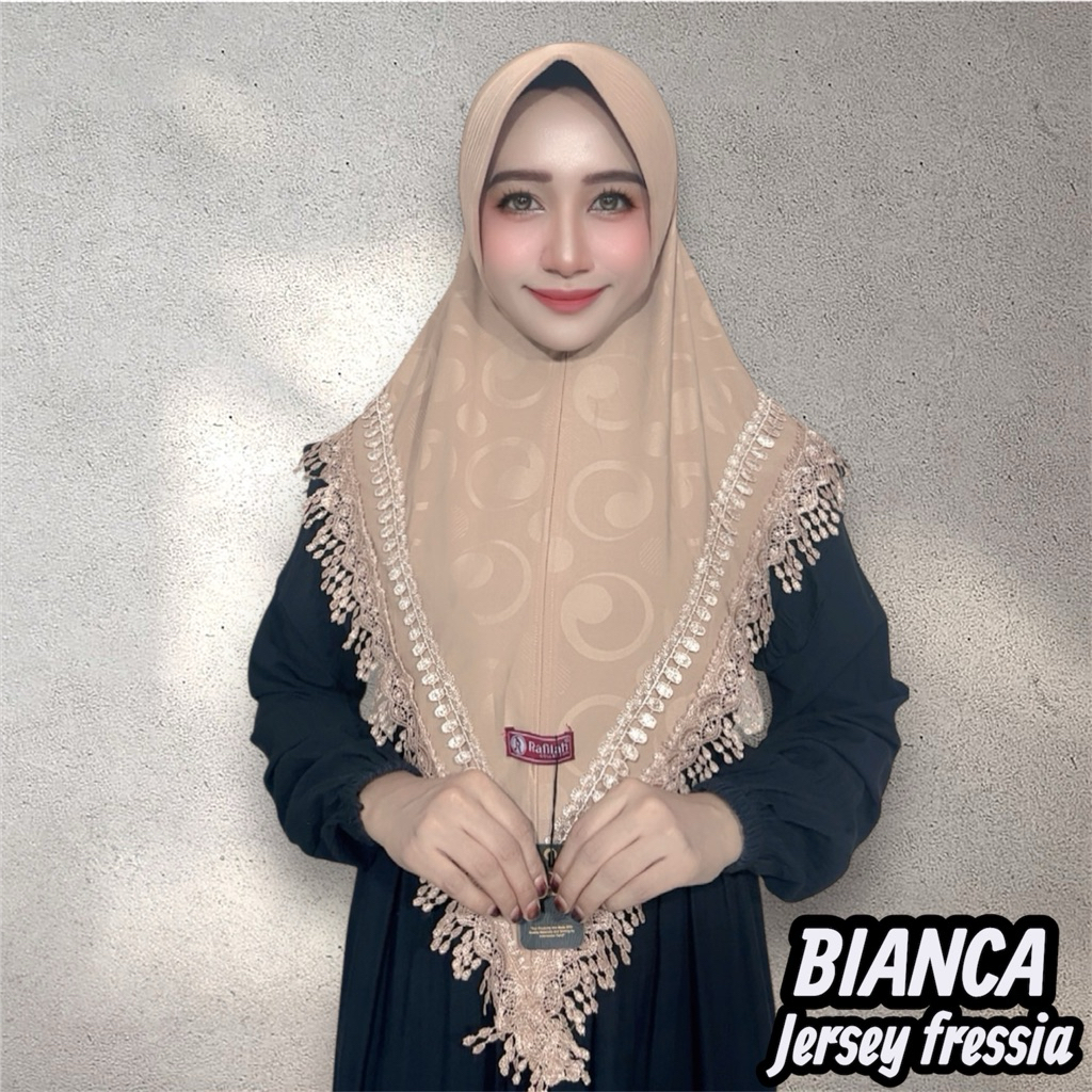 Hijab instan bergo Bianca renda mewah cantik Jersey fressia by rafilah kerudung wanita muslim