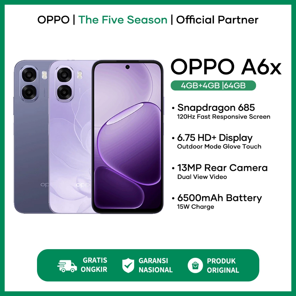 [New] OPPO A6x 4/64 4/128 6/128 Snapdragon 685 6500mAh Battery IP64 Tahan Air Garansi Resmi 1 Tahun