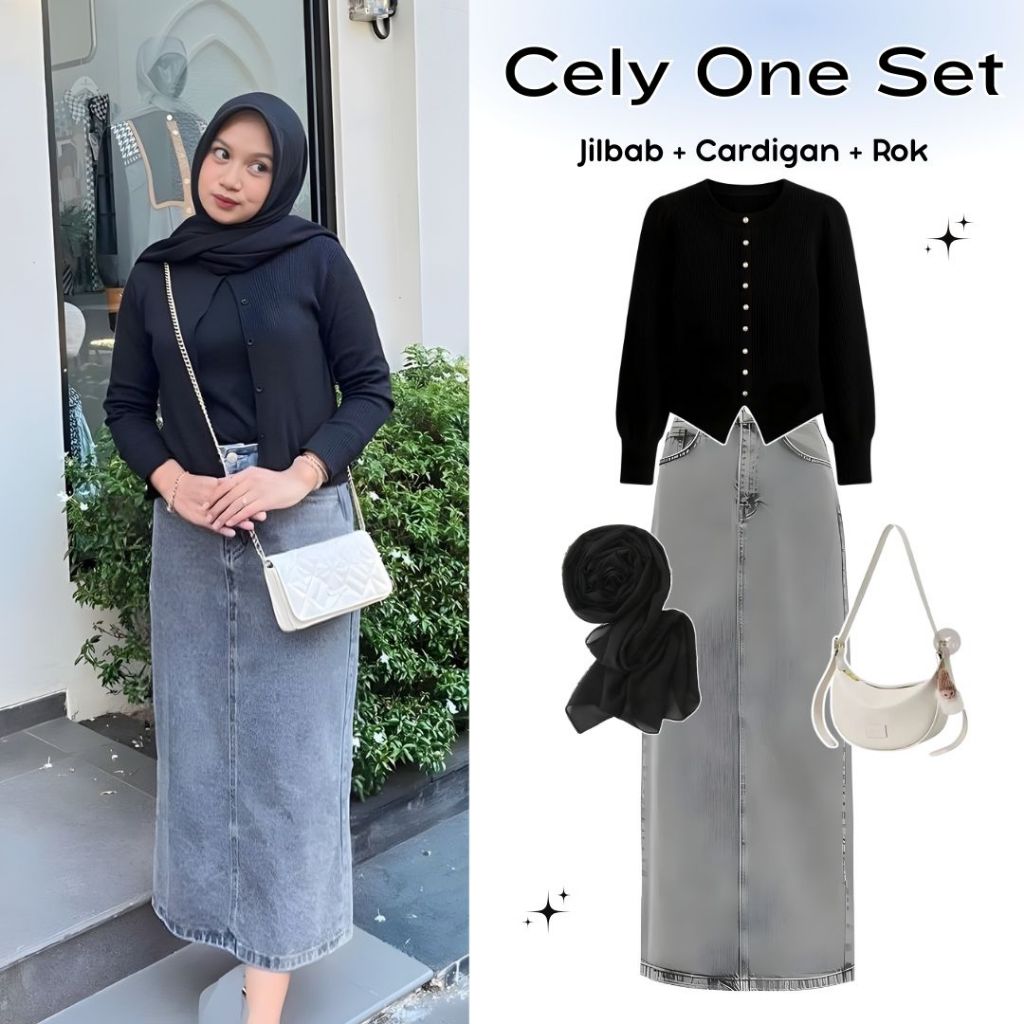 Jual oneset 3in1 cardigan + jilbab + rok jeans | ootd outfit hangout ...
