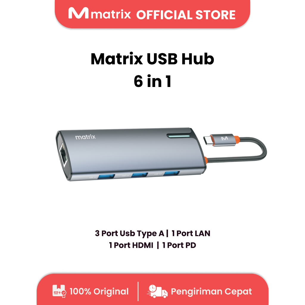 Jual Matrix USB Hub 6in1 – HDMI, LAN, PD, 3 USB A – Lengkap untuk Kerja ...
