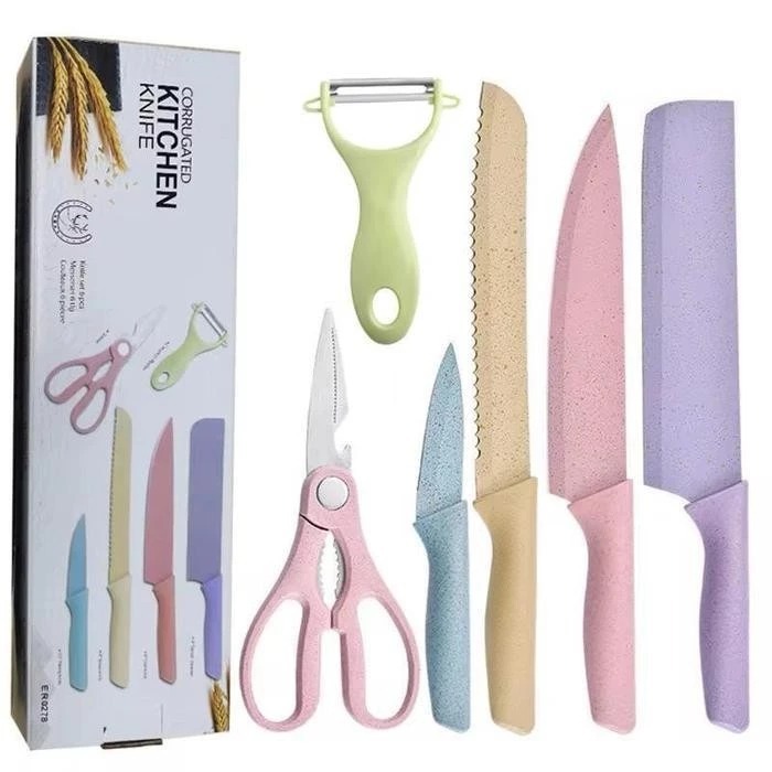 Alat dapur Set Pisau Dapur 6 in 1 – Kitchen Knife Set + Gunting + Peeler | Peralatan Masak Warna Pastel