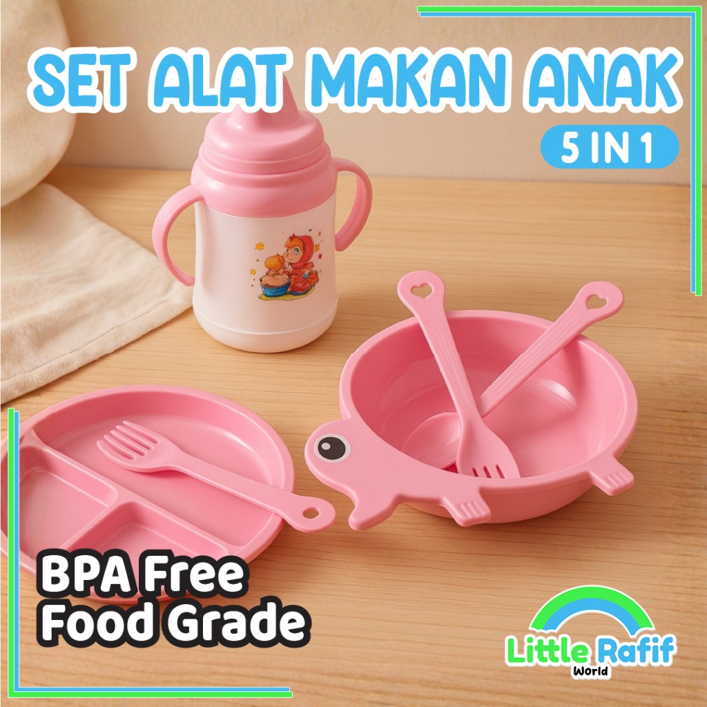Perlengkapan MPASI Bayi Set Alat Makan Anak 5 in 1 Peralatan Tempat Makan bayi Anak Cowo Cewe Makanan Bayi Set Piring Mangkok Botol Sendok Garpu Makan Premium Food Containers Set Hampers Gift Hadiah Ulang Tahun Anak