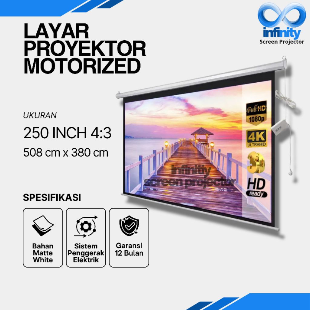Jual Layar Proyektor Motorized 250 Inch Rasio 4:3 ( 508 cm x 380 cm ...