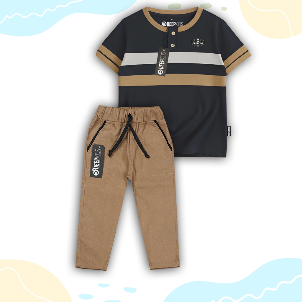 Deepkids Setelan Anak Laki Kaos Kerah Kancing Celana Chinos Panjang Bahan Cotton - foto 2