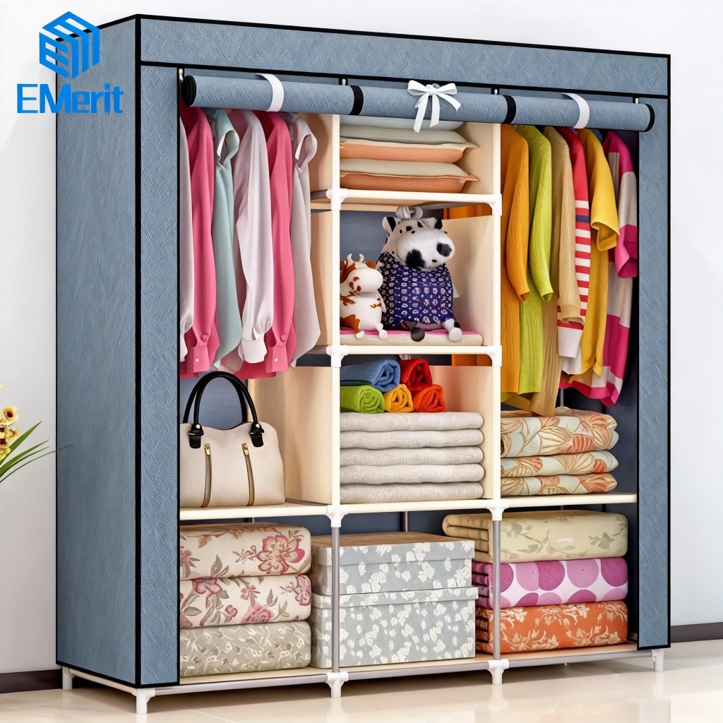 Lemari Baju Multifungsi Dan Penutup Debu Lemari Pakaian Kain Portable Lemari Pakaian 3 Sisi polos